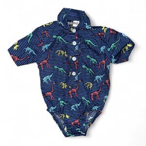 Mick Mack Ltd. Blue Button Up Collared Dinosaur Striped Print Multicolor Boys
